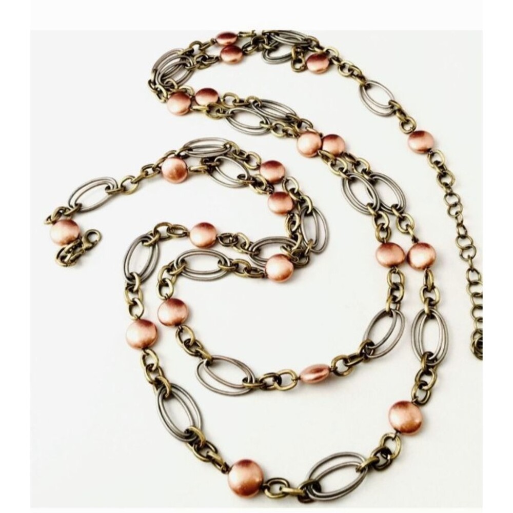 New Mixed Metal Long Link Necklace Silver Brass Copper Tone Multi Strand - 8Y